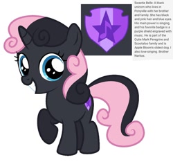 Size: 640x600 | Tagged: safe, artist:fizzled_kitty, edit, imported from derpibooru, sweetie belle, pony, unicorn, alternate color palette, alternate cutie mark, black fur, blue eyes, cutie mark, female, filly, foal, google translate, horn, implied apple bloom, implied rarity, implied scootaloo, recolor, simple background, solo, white background