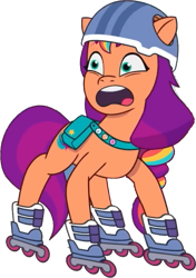 Size: 561x798 | Tagged: safe, edit, edited screencap, editor:pascalmulokozi2, imported from derpibooru, screencap, sunny starscout, earth pony, background removed, episode needed, female, g5, helmet, mane stripe sunny, mare, my little pony: tell your tale, not a vector, open mouth, roller skates, simple background, skates, solo, transparent background